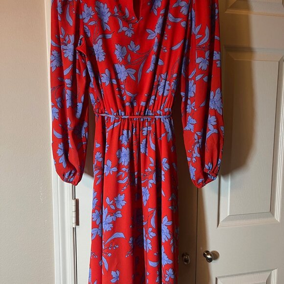 Women's Ann Taylor Long Sleeve Red Dress with Blue Flowers Floral Dress - Small - Picture 2 of 2